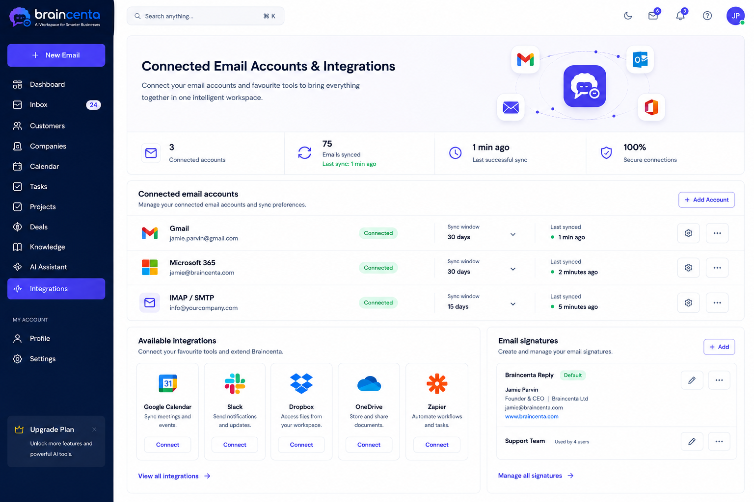 Braincenta connected email accounts and integrations