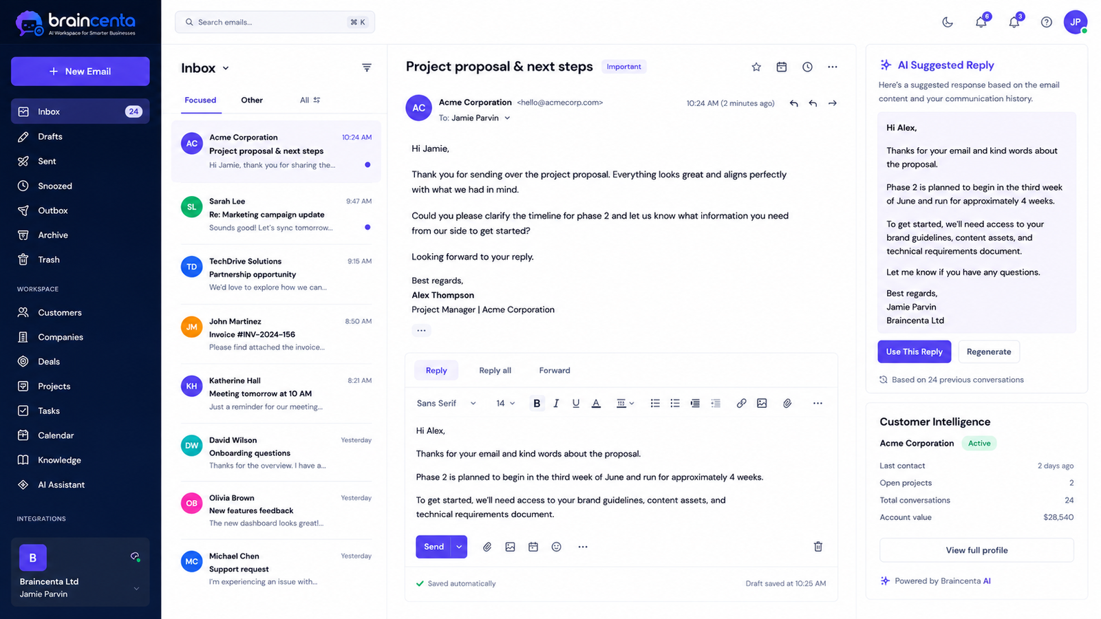 Braincenta inbox showing an AI suggested email reply