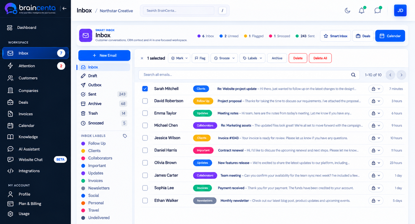 BrainCenta AI Email Intelligence inbox