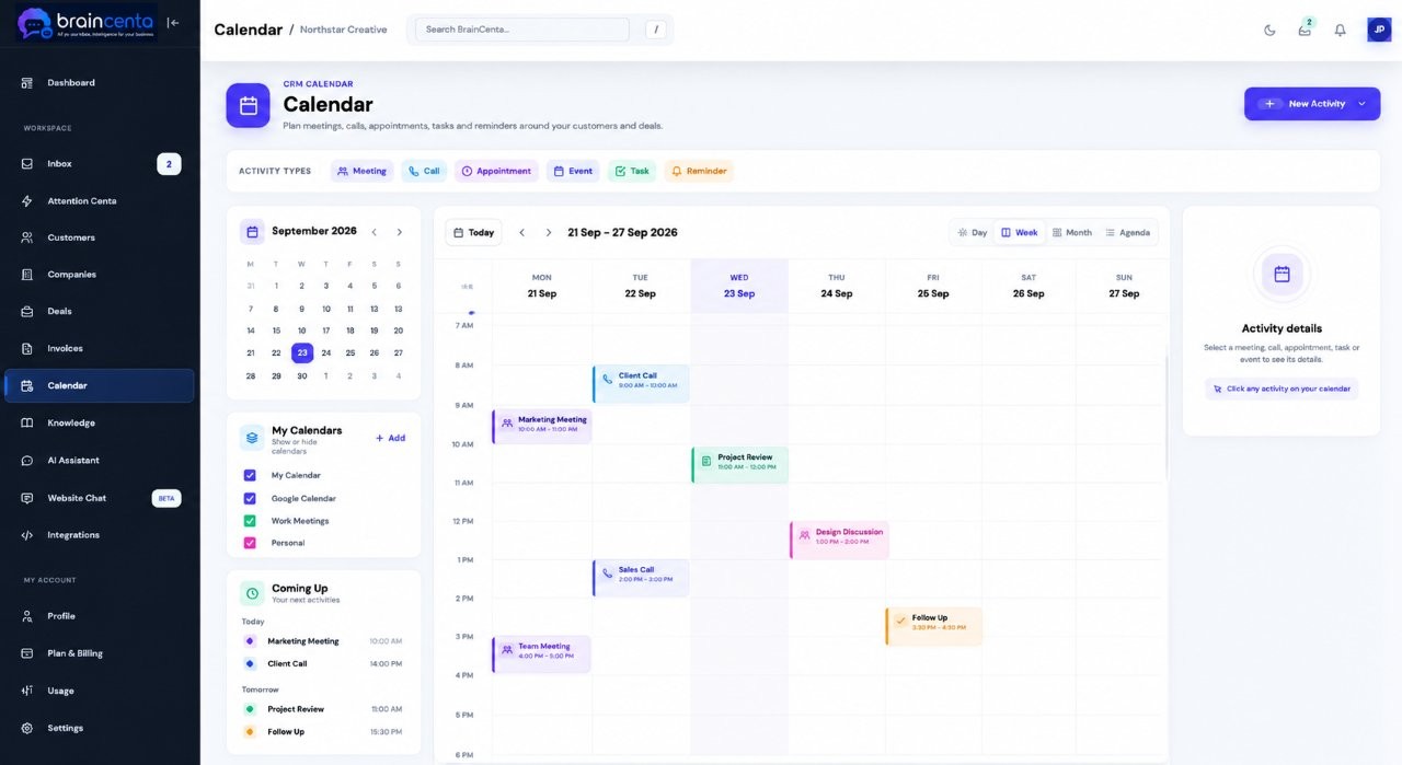 BrainCenta CRM calendar and meetings