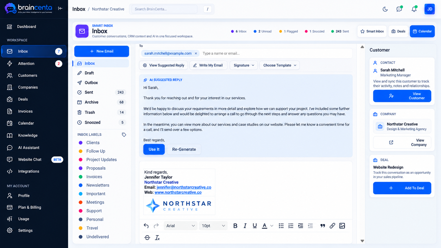 BrainCenta AI suggested email reply
