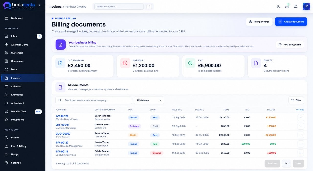 BrainCenta invoices, quotes and estimates