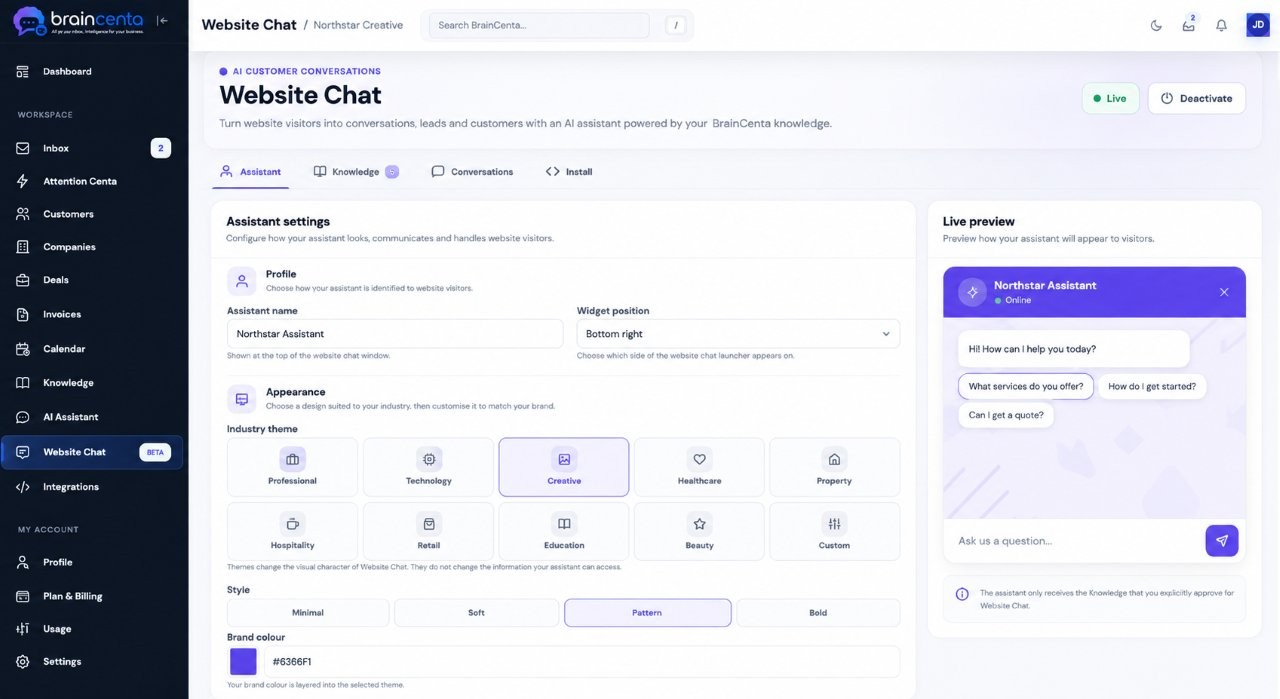BrainCenta Website Chat assistant configuration and live preview